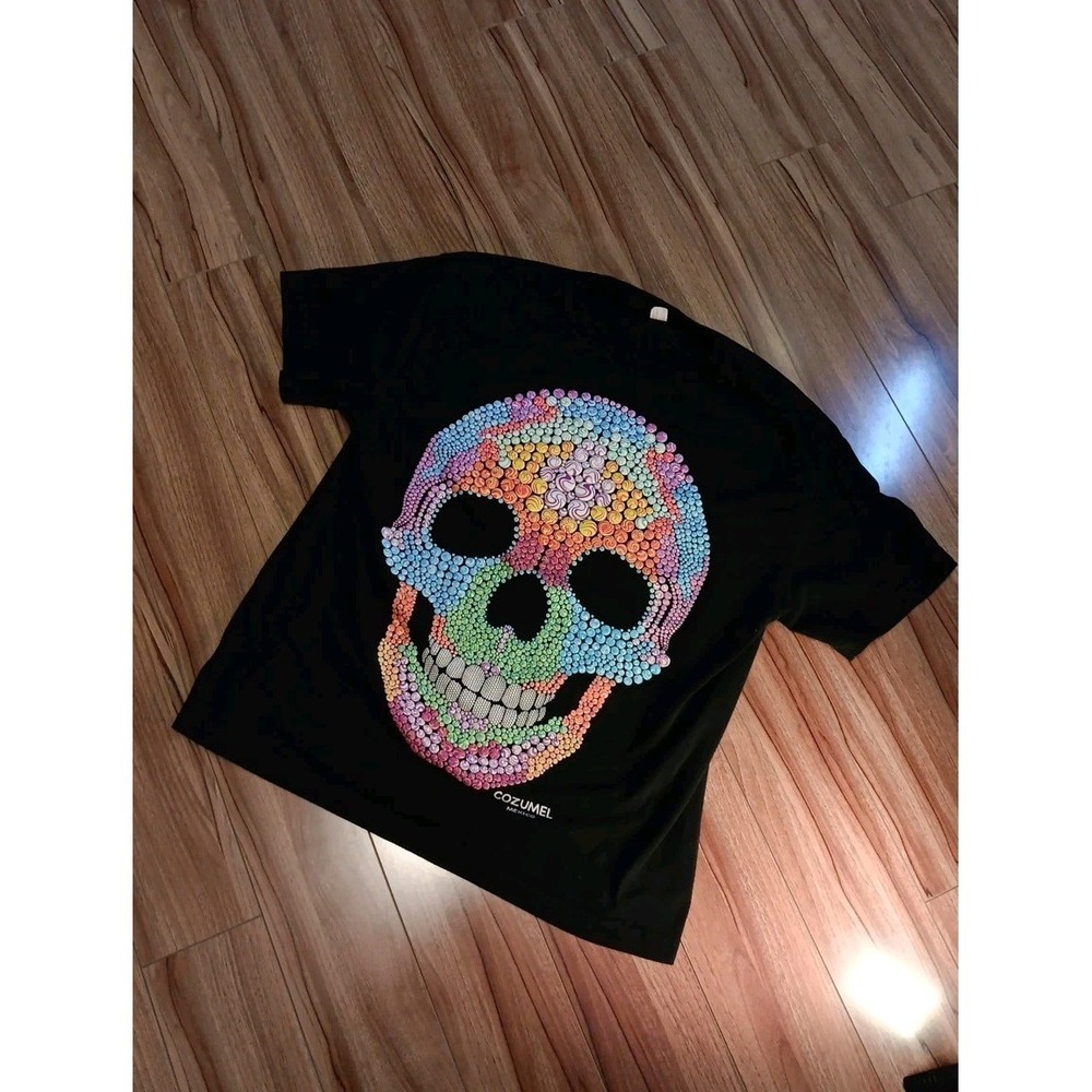 Ay Guey Multi Color Skull Abstract T LARGE Black Heavy Fabric Rare Mexico New